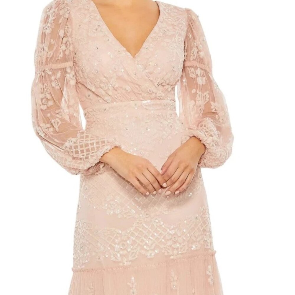 Mac Duggal $798 Sequined Tiered Puff Sleeve Long Gown 9197 Blush Pink Sz 6 Dress